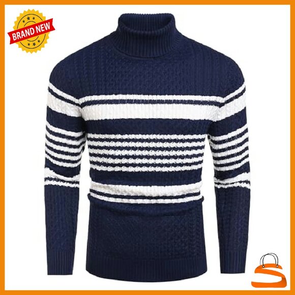 Men's Slim Fit Turtleneck Sweater Thermal Pullover Knitted Twisted Design - Picture 2 of 8